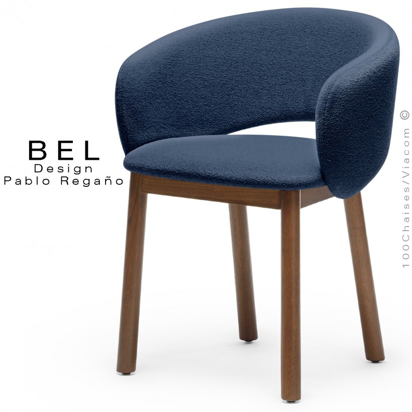 Chaise bois confort design BEL, piétement bois vernis noyer, habillage tissu bouclé bicolore bleu marine.