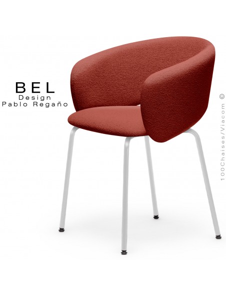 Chaise repas confort design BEL, piétement quatre pieds acier peint blanc, assise habillage tissu couleur rouge.