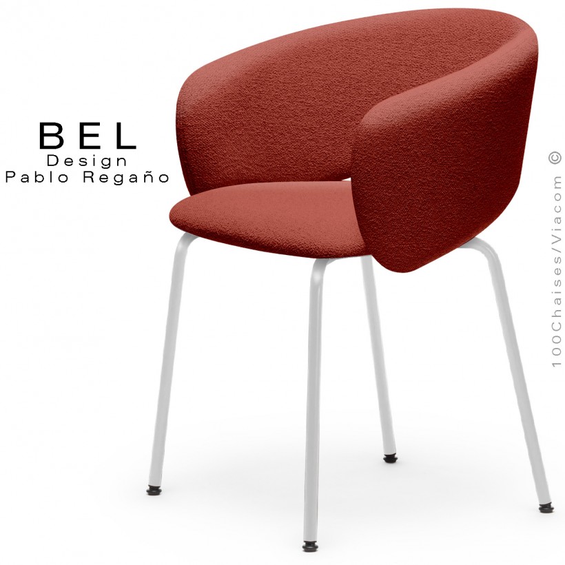 Chaise repas confort design BEL, piétement quatre pieds acier peint blanc, assise habillage tissu couleur rouge.