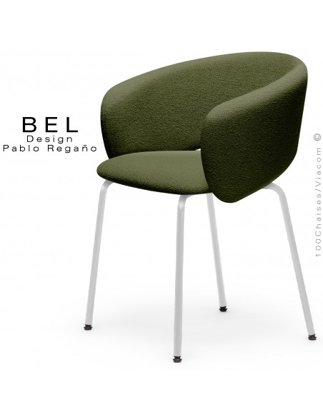 Chaise repas confort design BEL, piétement quatre pieds acier peint blanc, assise habillage tissu couleur vert sapin.