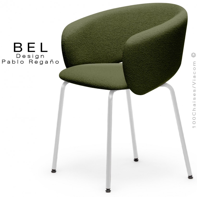 Chaise repas confort design BEL, piétement quatre pieds acier peint blanc, assise habillage tissu couleur vert sapin.