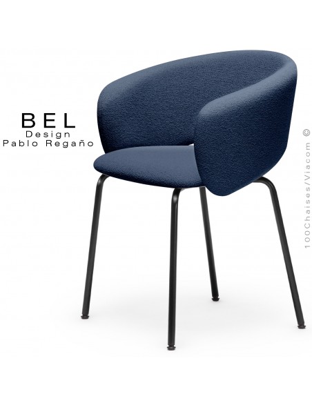 Chaise repas confort design BEL, piétement quatre pieds acier peint noir, assise habillage tissu couleur bleu marine.