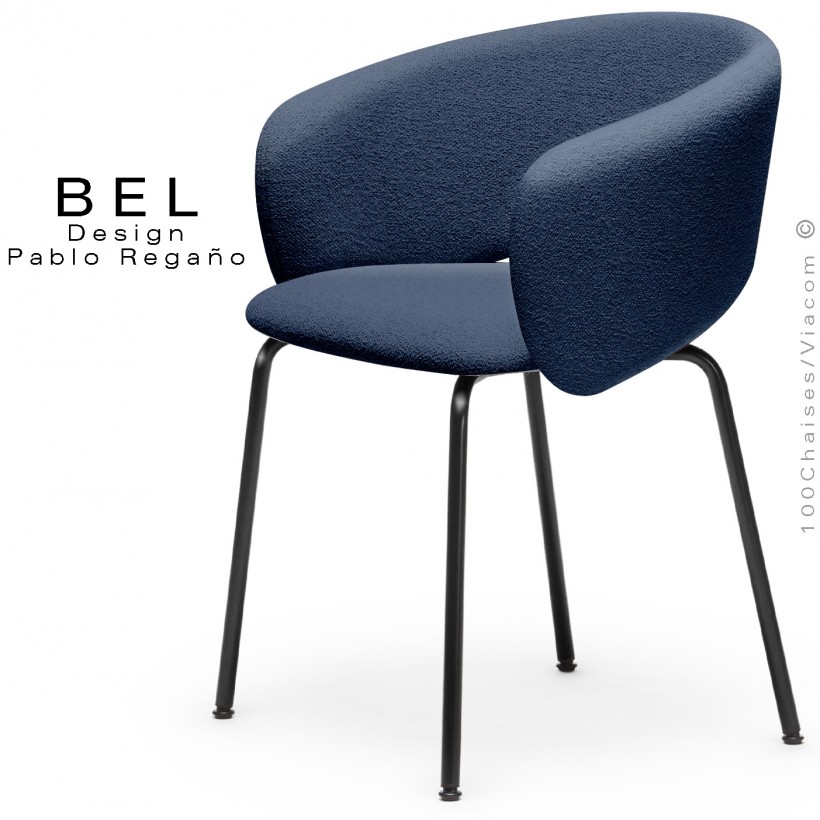 Chaise repas confort design BEL, piétement quatre pieds acier peint noir, assise habillage tissu couleur bleu marine.