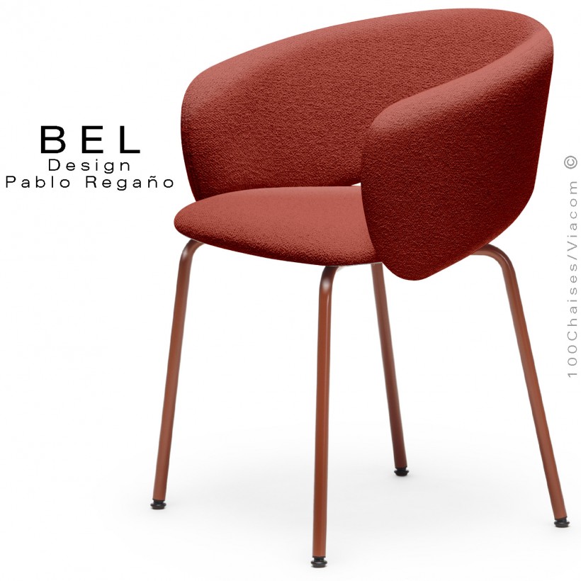 Chaise repas confort design BEL, piétement quatre pieds acier peint terracotta, assise habillage tissu couleur rouge.