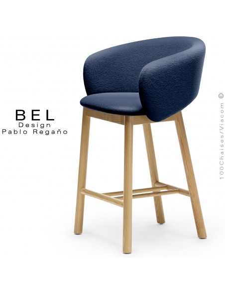 Tabouret de cuisine confort BEL, piétement bois massif de Frêne naturel, assise habillage tissu bouclé bleu marine.