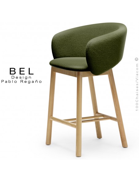 Tabouret de cuisine confort BEL, piétement bois massif de Frêne naturel, assise habillage tissu bouclé vert sapin.