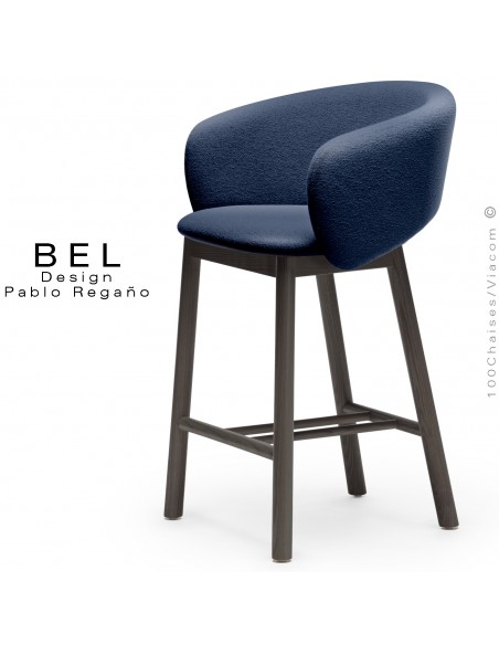 Tabouret de cuisine confort BEL, piétement bois massif de Frêne teinté noir, assise habillage tissu bouclé bleu marine.