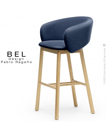 Tabouret de bar confort design BEL, piétement bois massif de Frêne naturel, assise et dossier tissu bouclé bleu marine.