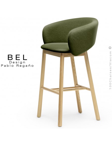 Tabouret de bar confort design BEL, piétement bois massif de Frêne naturel, assise et dossier tissu bouclé vert sapin.