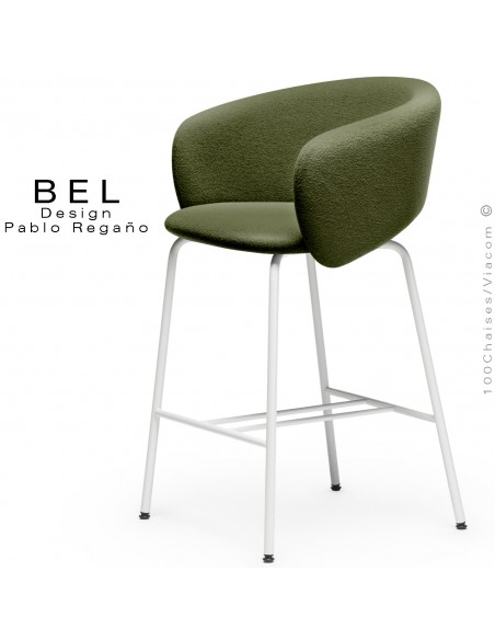 Tabouret de cuisine, confort et design BEL, piétement 4 pieds acier peint blanc, assise et dossier tissu bouclé vert sapin.