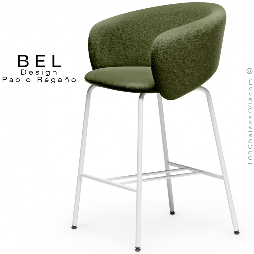 Tabouret de cuisine, confort et design BEL, piétement 4 pieds acier peint blanc, assise et dossier tissu bouclé vert sapin.