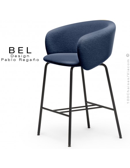 Tabouret de cuisine, confort et design BEL, piétement 4 pieds acier peint noir, assise et dossier tissu bouclé bleu marine.