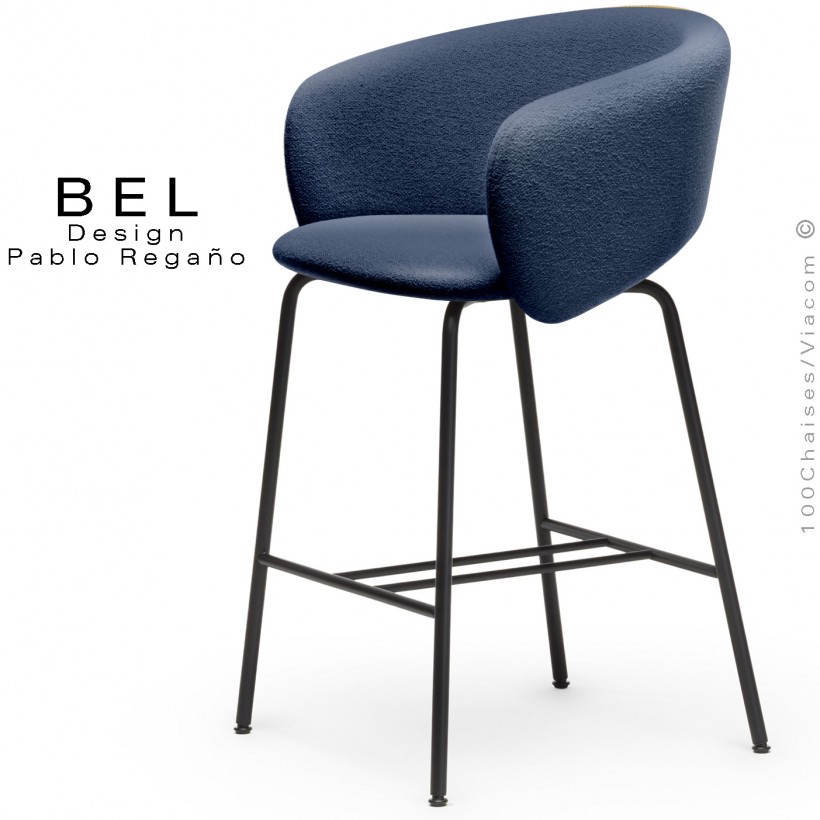 Tabouret de cuisine, confort et design BEL, piétement 4 pieds acier peint noir, assise et dossier tissu bouclé bleu marine.