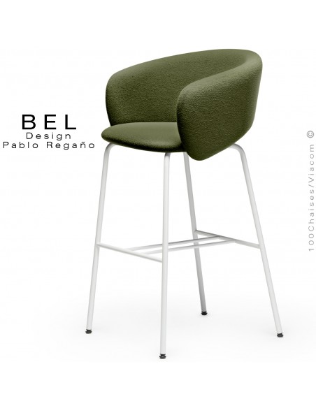 Tabouret de bar, confort et design BEL, piétement 4 pieds acier peint blanc, assise et dossier tissu bouclé vert sapin.