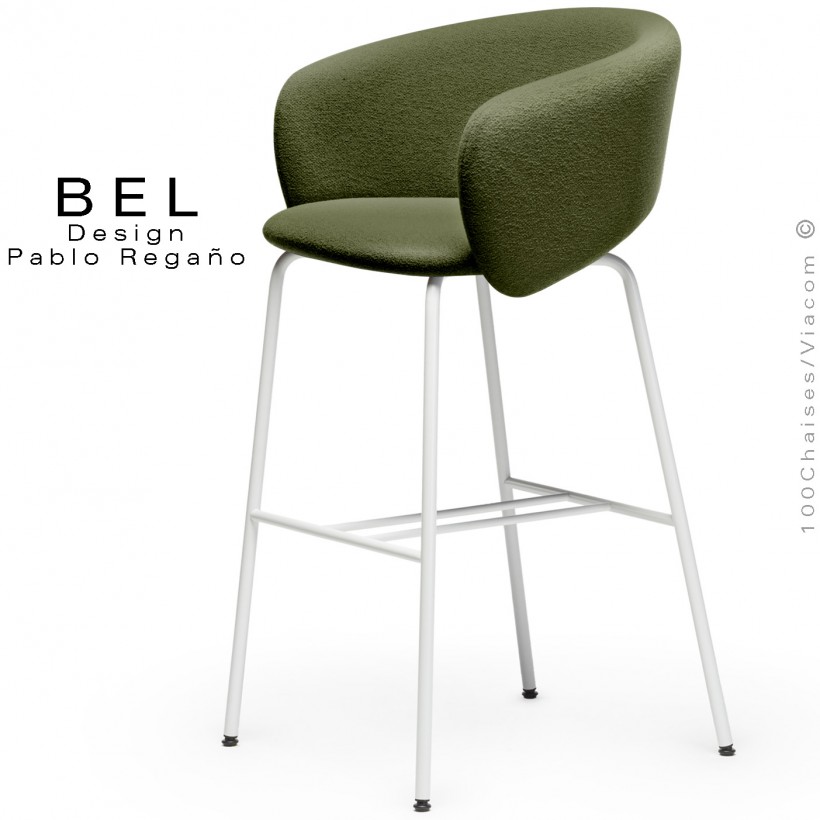 Tabouret de bar, confort et design BEL, piétement 4 pieds acier peint blanc, assise et dossier tissu bouclé vert sapin.