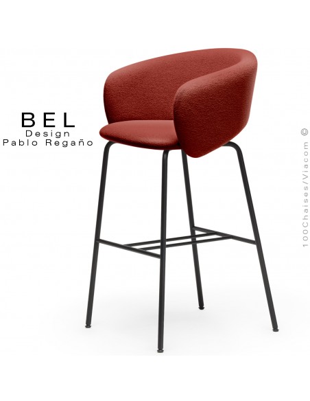 Tabouret de bar, confort et design BEL, piétement 4 pieds acier peint noir, assise et dossier tissu bouclé rouge.