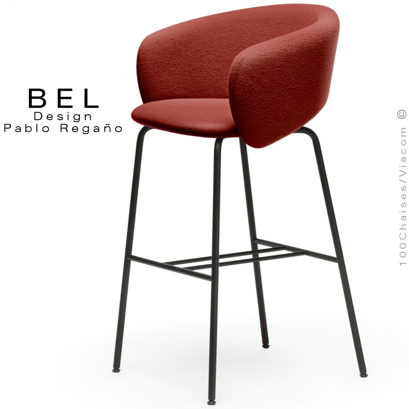 Tabouret de bar, confort et design BEL, piétement 4 pieds acier peint noir, assise et dossier tissu bouclé rouge.