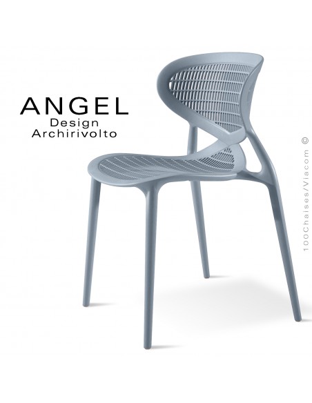 Chaise design ANGEL, structure 4 pieds en plastique, assise et dossier ajourés couleur bleu lavande.