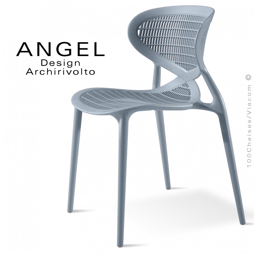 Chaise design ANGEL, structure 4 pieds en plastique, assise et dossier ajourés couleur bleu lavande.