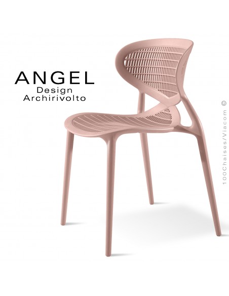 Chaise design ANGEL, structure 4 pieds en plastique, assise et dossier ajourés couleur rose pâle.