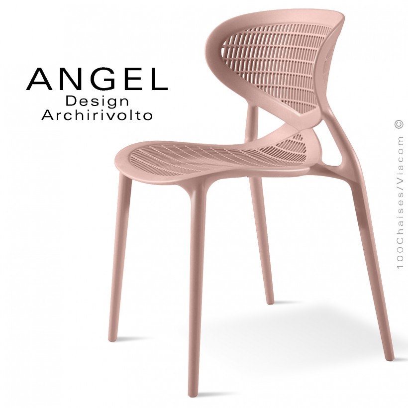 Chaise design ANGEL, structure 4 pieds en plastique, assise et dossier ajourés couleur rose pâle.