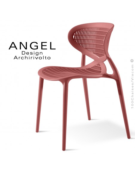 Chaise design ANGEL, structure 4 pieds en plastique, assise et dossier ajourés couleur brique pâle.