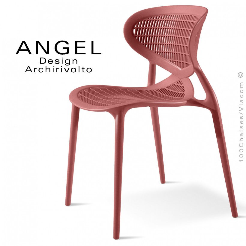 Chaise design ANGEL, structure 4 pieds en plastique, assise et dossier ajourés couleur brique pâle.