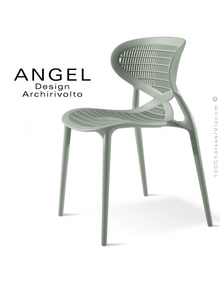 Chaise design ANGEL, structure 4 pieds en plastique, assise et dossier ajourés couleur vert pâle olive.