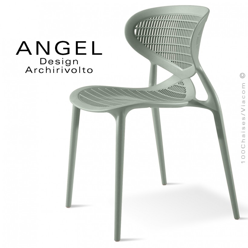 Chaise design ANGEL, structure 4 pieds en plastique, assise et dossier ajourés couleur vert pâle olive.