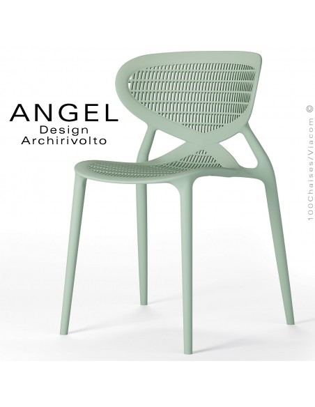 Chaise design ANGEL, structure 4 pieds en plastique, assise et dossier ajourés couleur vert pâle olive.