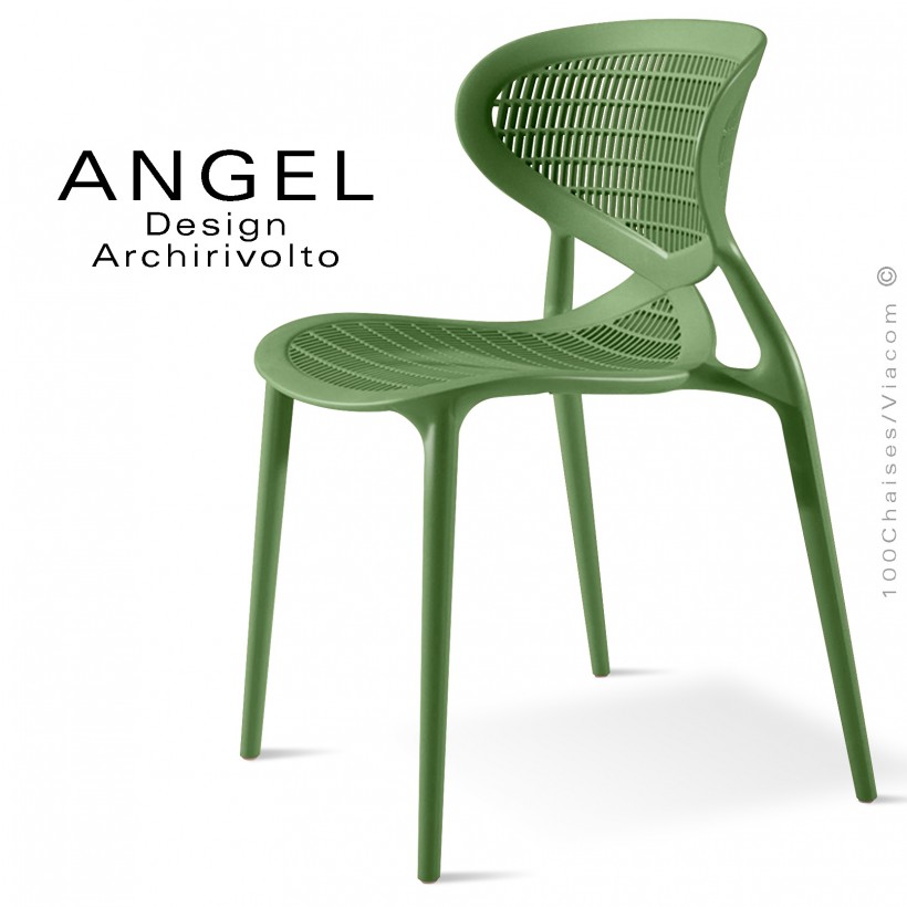 Chaise design ANGEL, structure 4 pieds en plastique, assise et dossier ajourés couleur vert sapin.