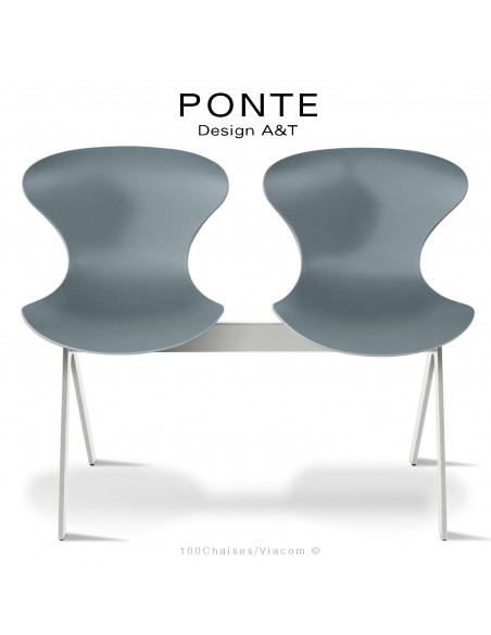 Banc ou assise sur poutre PONTE, 2 places, coque plastique argent-gris, piétement acier peint blanc sécurité.