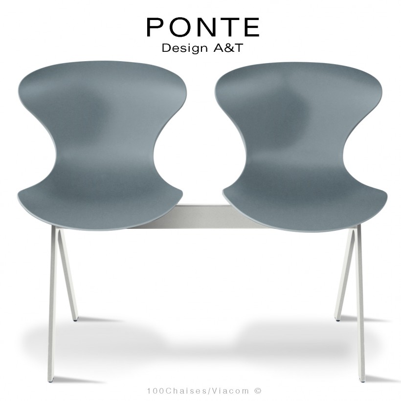 Banc ou assise sur poutre PONTE, 2 places, coque plastique argent-gris, piétement acier peint blanc sécurité.