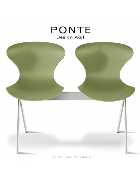 Banc ou assise sur poutre PONTE, 2 places, coque plastique vert-olive, piétement acier peint blanc sécurité.