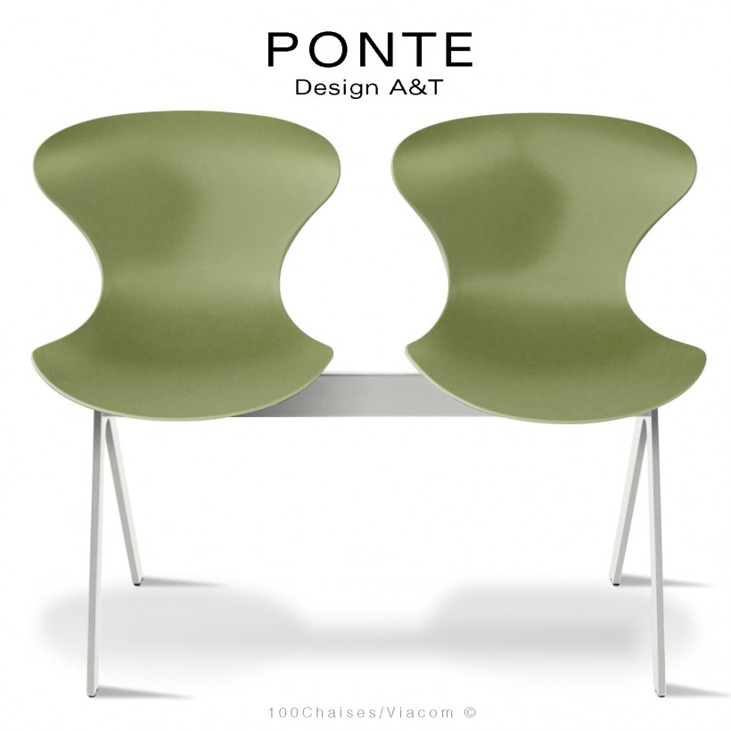 Banc ou assise sur poutre PONTE, 2 places, coque plastique vert-olive, piétement acier peint blanc sécurité.