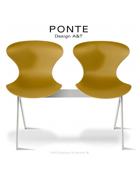 Banc ou assise sur poutre PONTE, 2 places, coque plastique orange-jaune, piétement acier peint blanc sécurité.