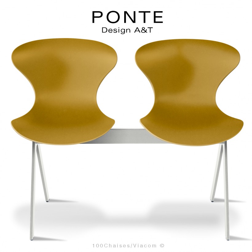 Banc ou assise sur poutre PONTE, 2 places, coque plastique orange-jaune, piétement acier peint blanc sécurité.