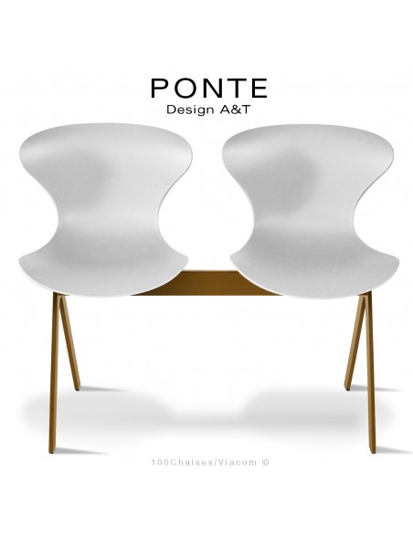 Banc ou assise sur poutre PONTE, 2 places, coque plastique blanc, piétement acier peint or nacré.