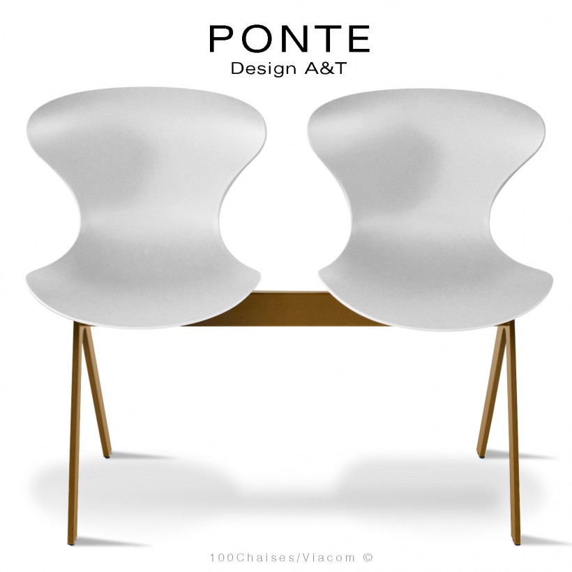 Banc ou assise sur poutre PONTE, 2 places, coque plastique blanc, piétement acier peint or nacré.