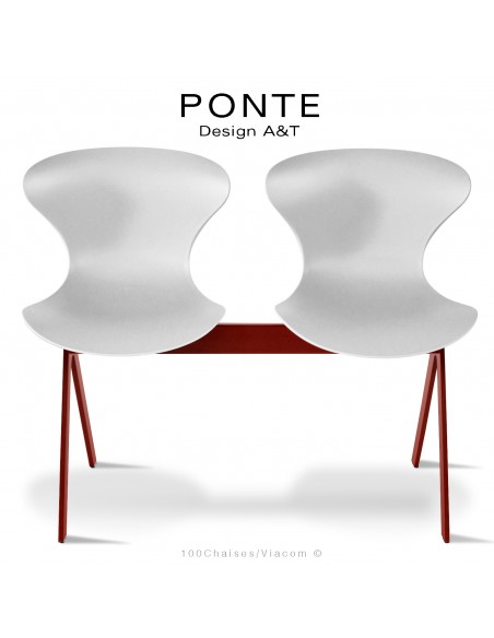 Banc ou assise sur poutre PONTE, 2 places, coque plastique blanche, piétement acier peint rouge oxyde.