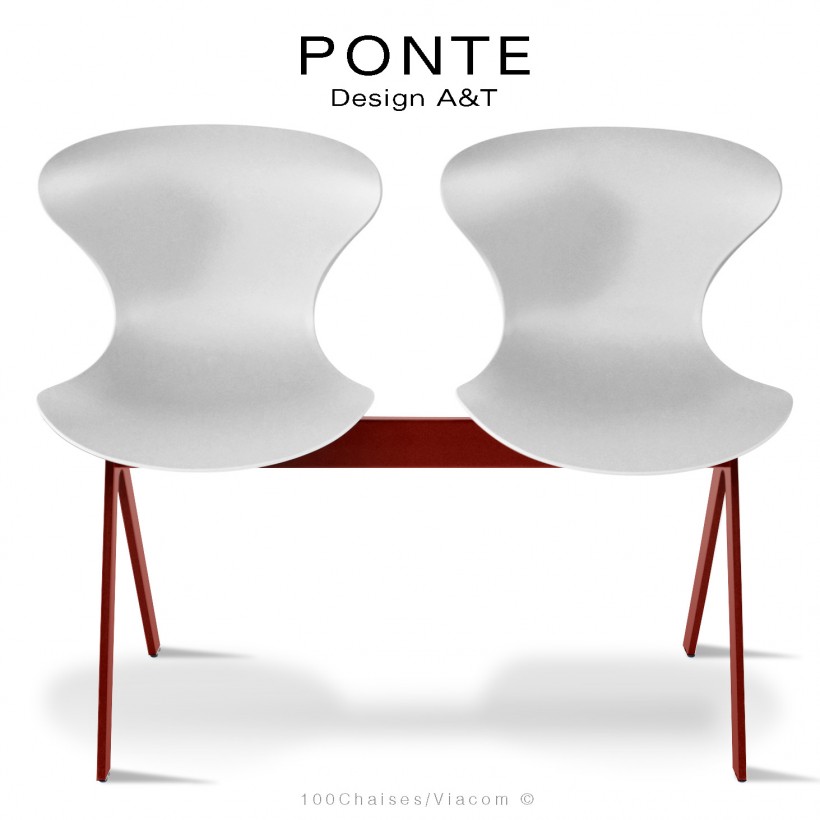 Banc ou assise sur poutre PONTE, 2 places, coque plastique blanche, piétement acier peint rouge oxyde.