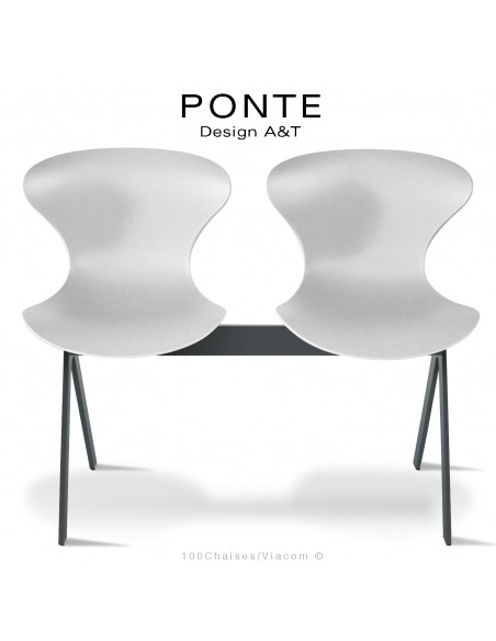 Banc ou assise sur poutre PONTE, 2 places, coque plastique blanc, piétement acier peint gris Basalte.