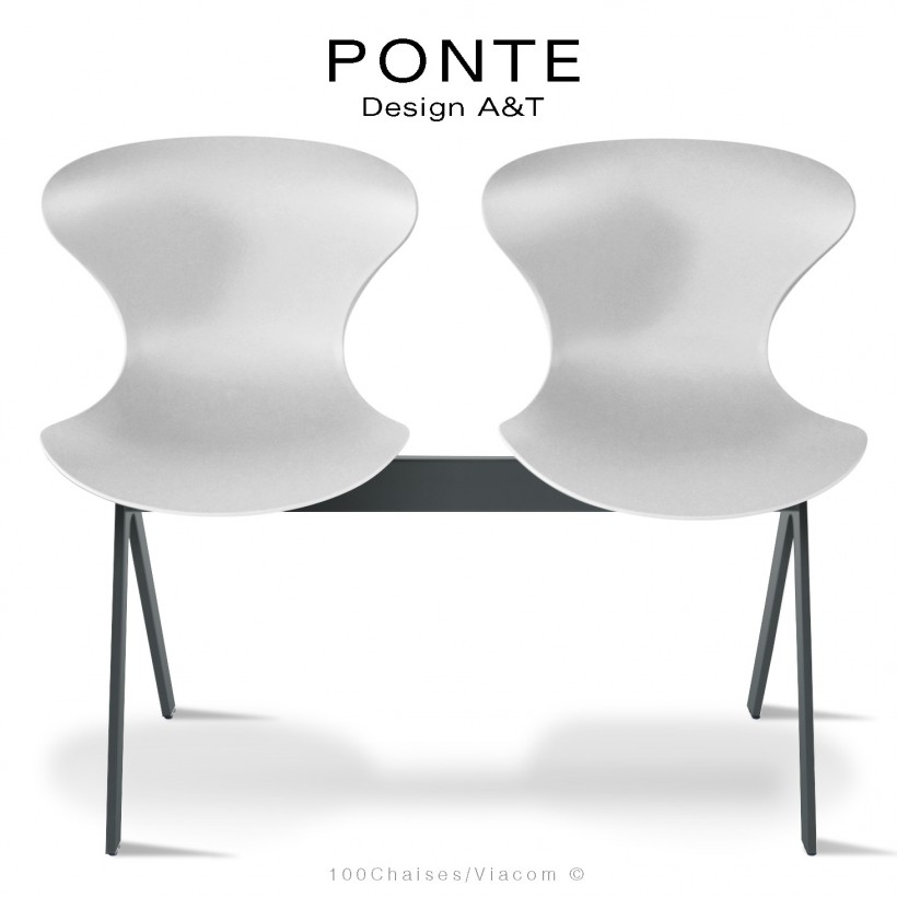 Banc ou assise sur poutre PONTE, 2 places, coque plastique blanc, piétement acier peint gris Basalte.