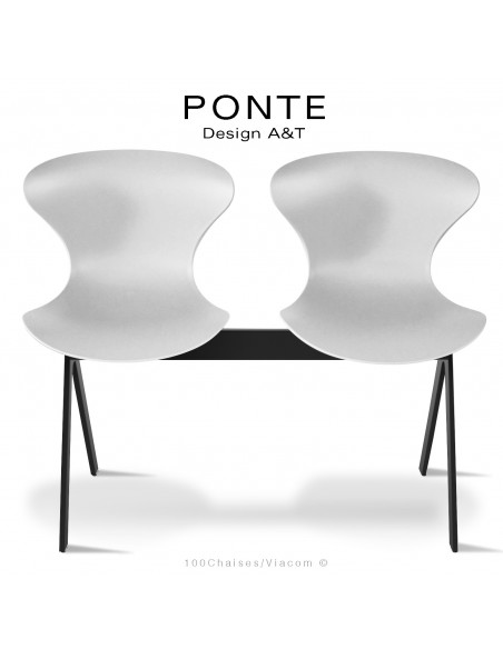 Banc ou assise sur poutre PONTE, 2 places, coque plastique blanche, piétement acier peint noir.