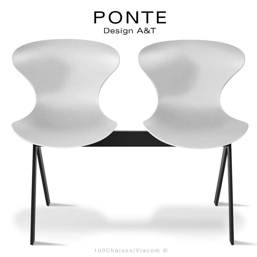 Banc ou assise sur poutre PONTE, 2 places, coque plastique blanche, piétement acier peint noir.