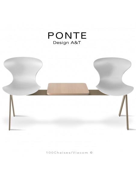 Banc ou assise sur poutre PONTE, 2 places coque couleur blanche, piétement peint beige nacré, table aspect bois.