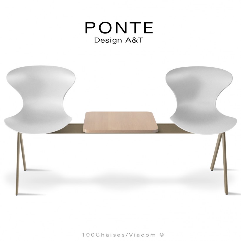 Banc ou assise sur poutre PONTE, 2 places coque couleur blanche, piétement peint beige nacré, table aspect bois.