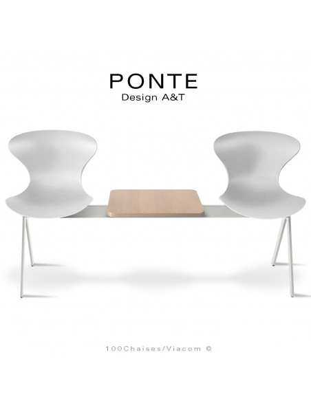 Banc ou assise sur poutre PONTE, 2 places coque couleur blanche, piétement peint blanc, table aspect bois.