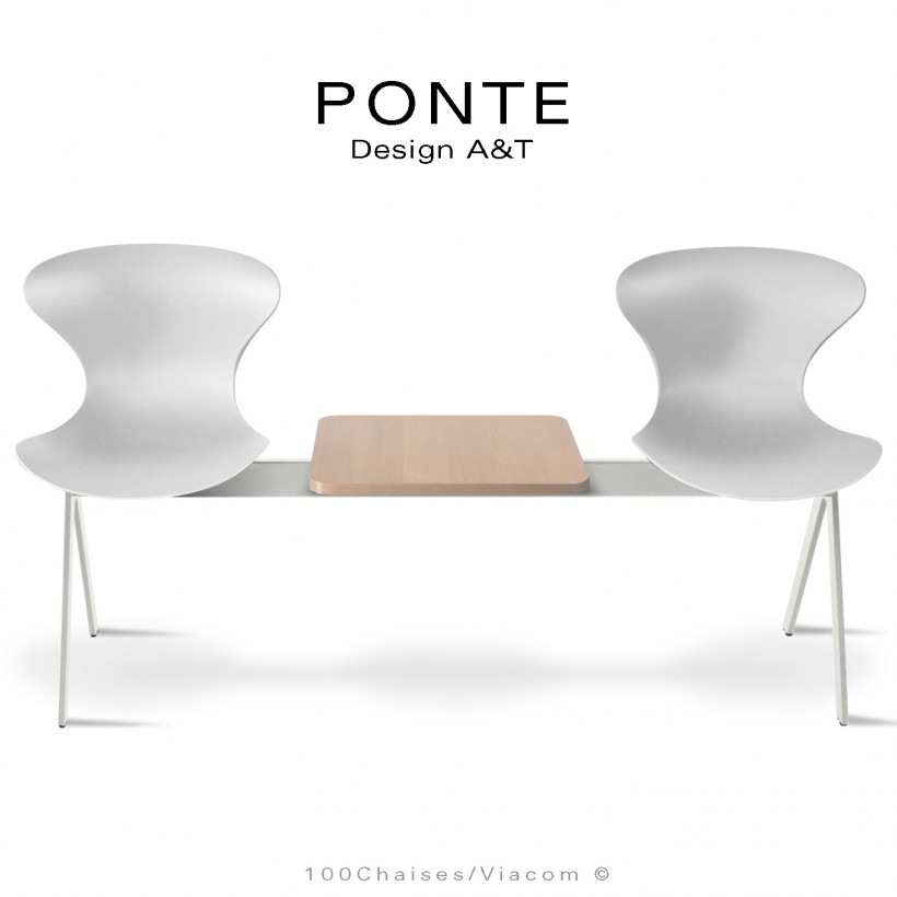 Banc ou assise sur poutre PONTE, 2 places coque couleur blanche, piétement peint blanc, table aspect bois.