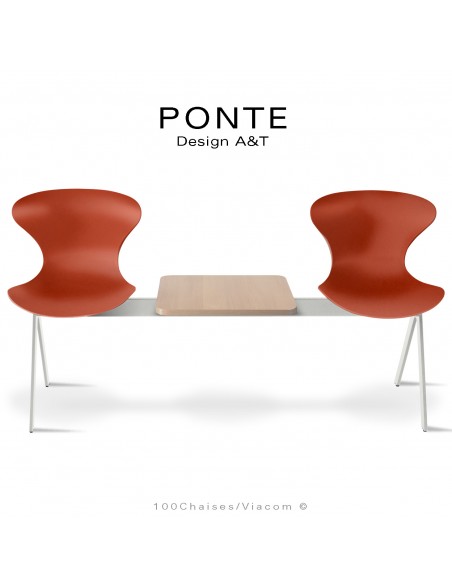 Banc ou assise sur poutre PONTE, 2 places coque couleur brique-rouge, piétement peint blanc, table aspect bois.